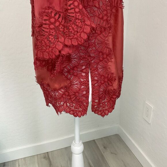 Anthropologie Moulinette Soeurs Satin Viscose Blouse Lace Orange Rust Medium - Picture 7 of 11